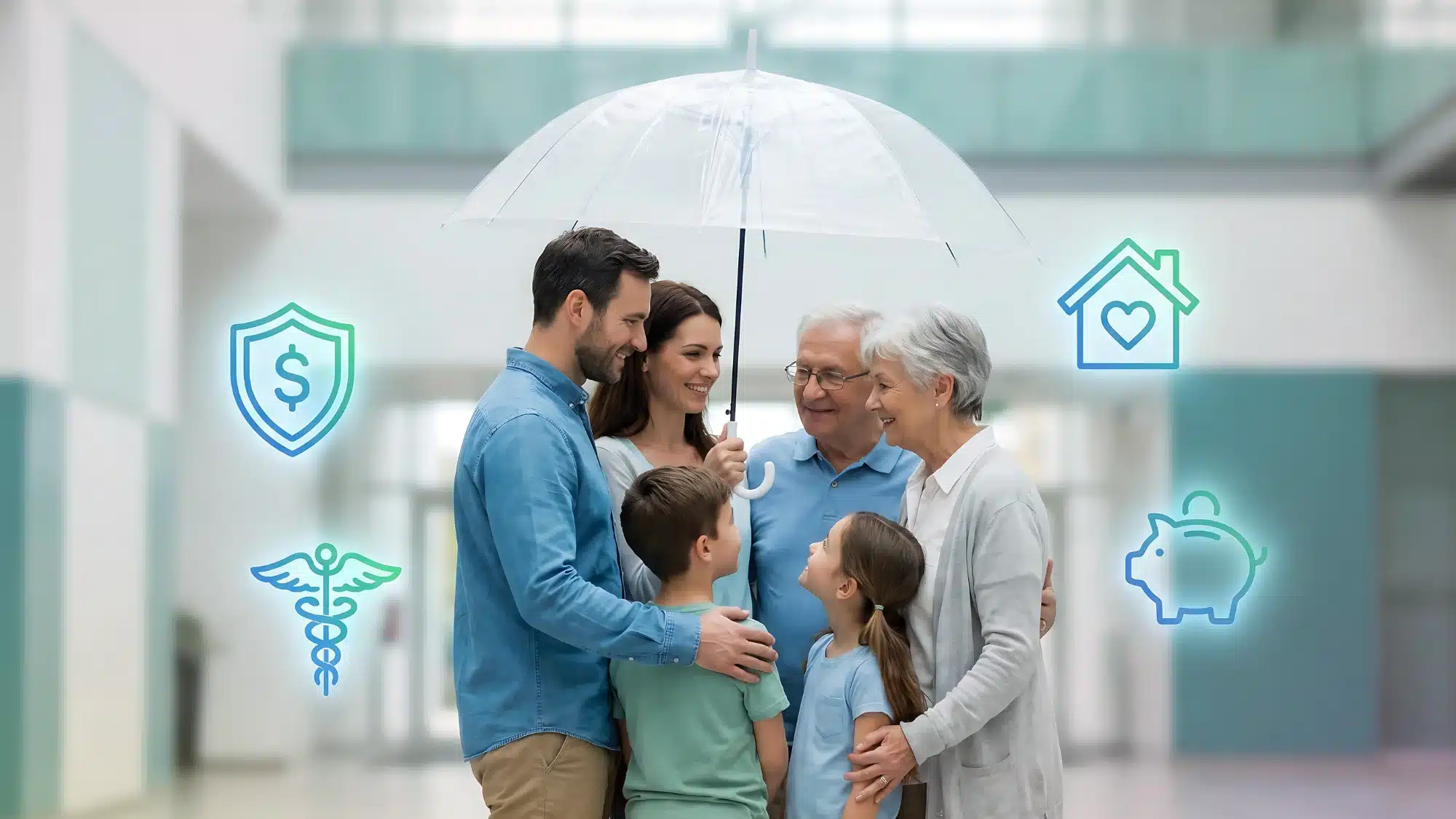 A family standing under a colorful umbrella outdoors
